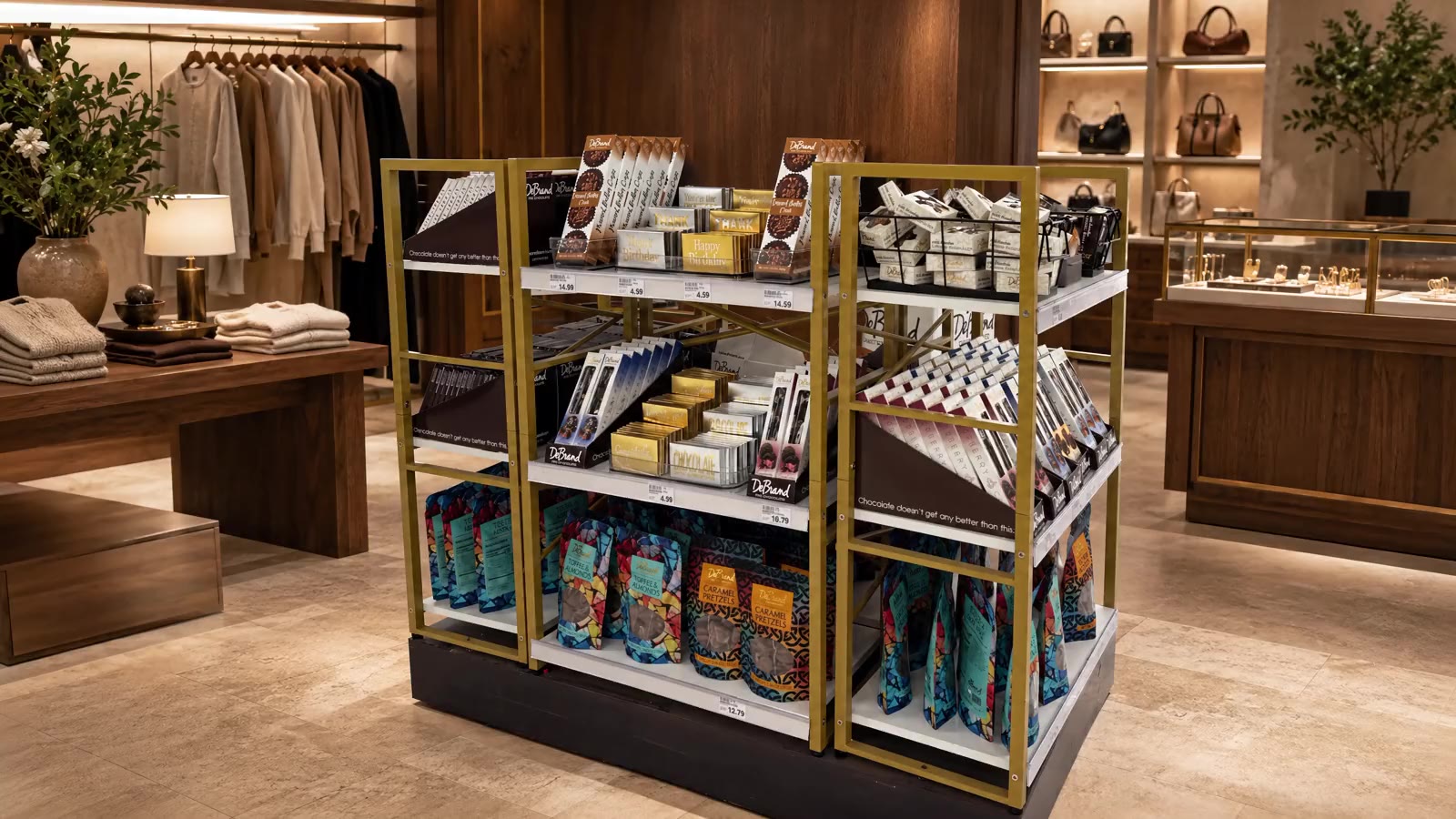A gold-framed DeBrand display unit on a boutique floor: boxed assortments and bars on the upper shelves, printed bags of toffee and caramel pretzels below, with clothing rails and lit jewellery cases behind it